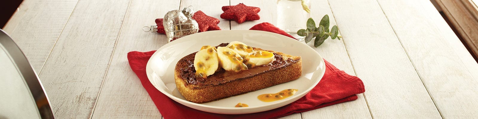 Toasted Sourdough with Nutella® hazelnut spread, Baked Bananas and Passion Fruit
